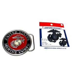 United States Marine Corp Belt Buckle & Black Insignia Pins Military Memorabilia
